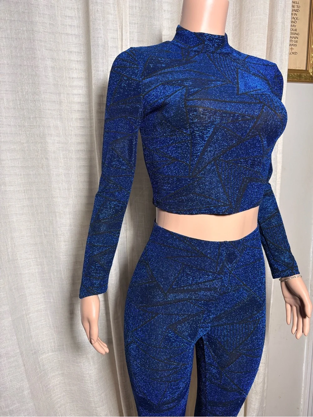 Blue Glitter Geometric Crop Top & Leggings Set Small